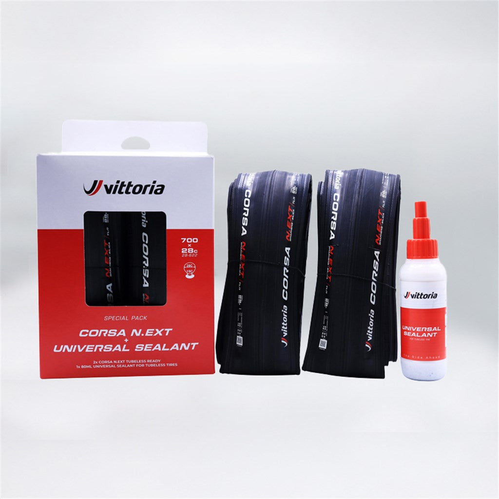 Pack of 2 Vittoria Cors N.Ext TLR tires + Universal Tubeless Tire Sealant 80ml